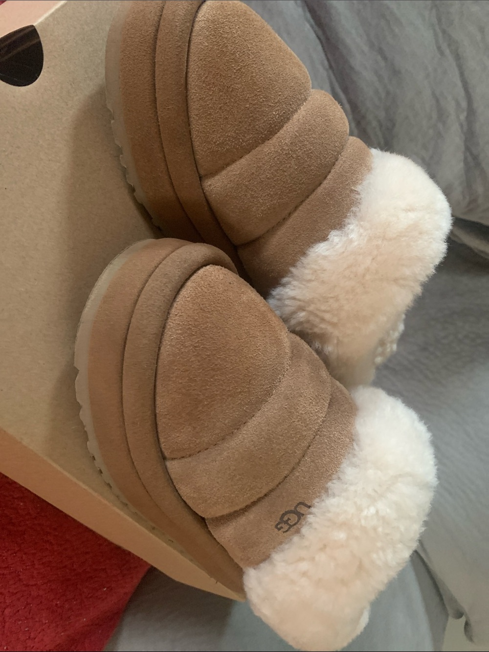 UGG Chestnut Suede Shearling Platform Slippers
